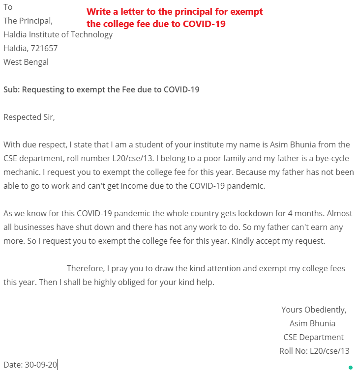 letter to the principal to exempt the college fee for covid 19