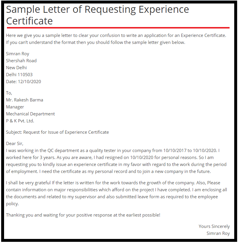 Write A Letter For An Experience Certificate Format And Sample Free Education