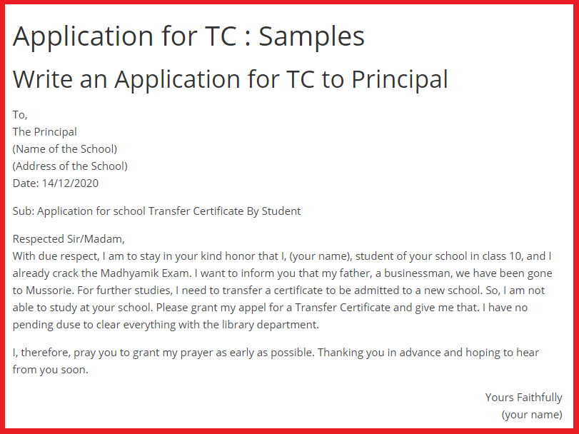 application letter for tc in english